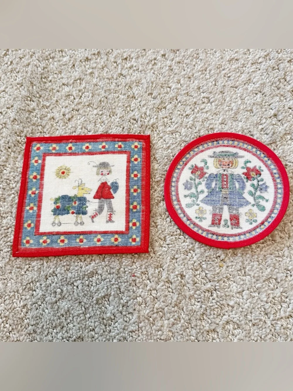 Kolf Austrian Folk Art Textile Print Coasters Red Boy Girl VTG Square Round 2x